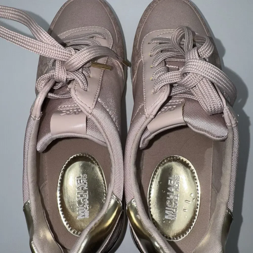 Michael Kors Allie Trainer Pink Gold Logo Platform Sneakers Women’s 6.5M
